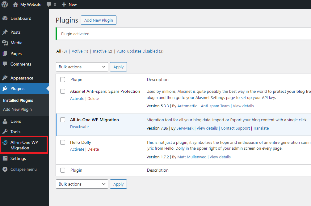 clone a wordpress site: AIO Plugin menu