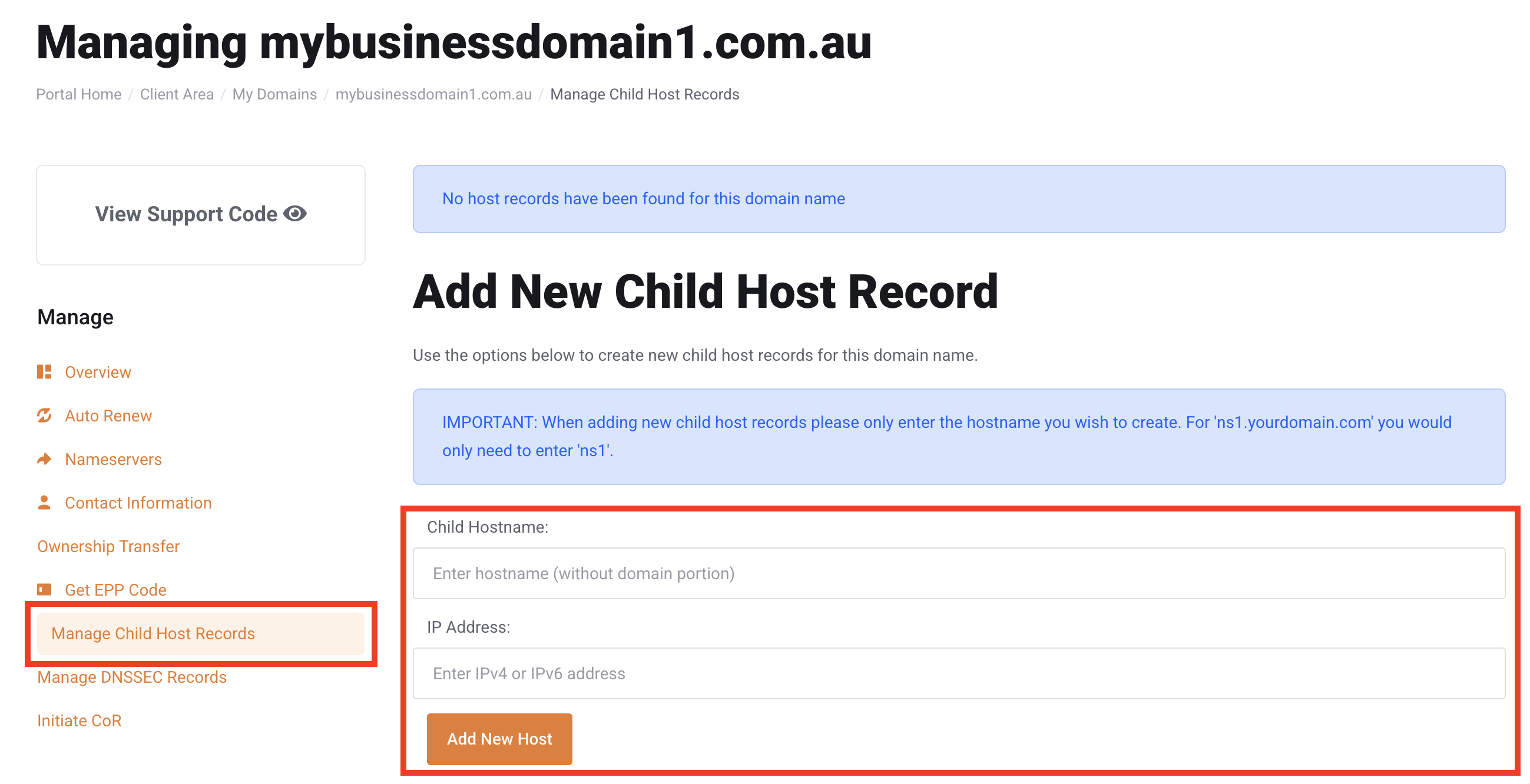 register and manage domain names: add new child host record