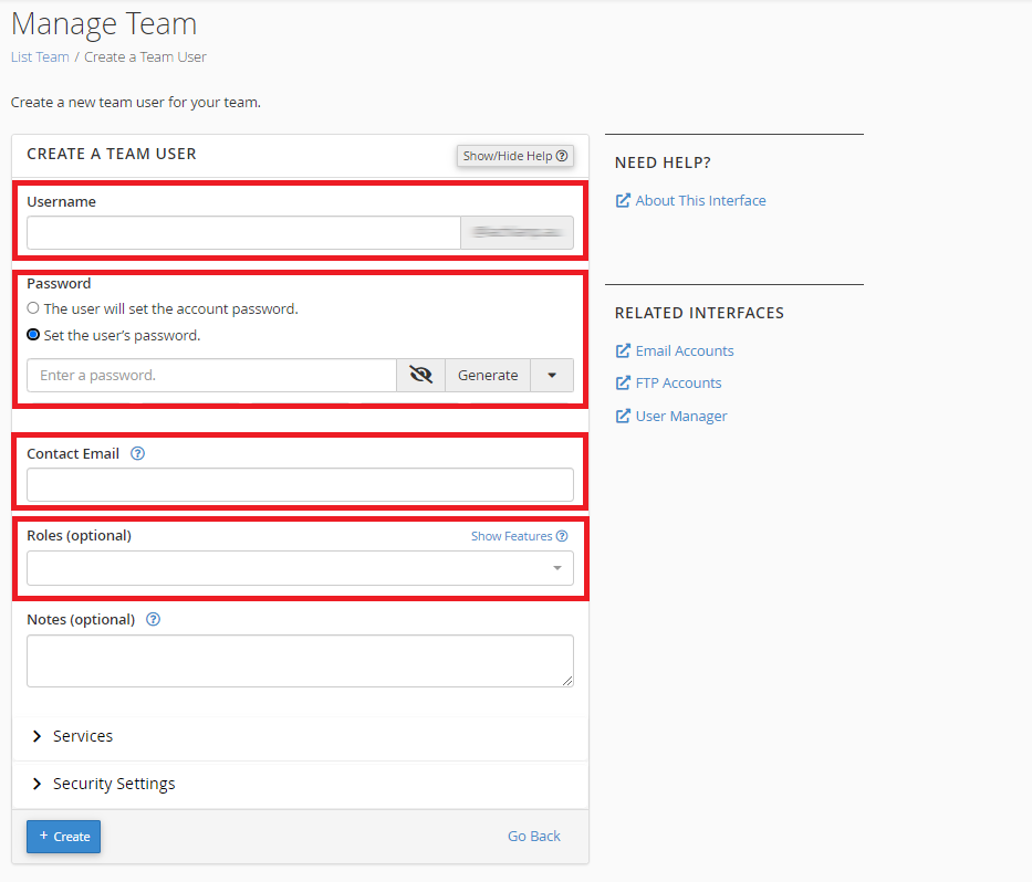 create a cPanel Teams user