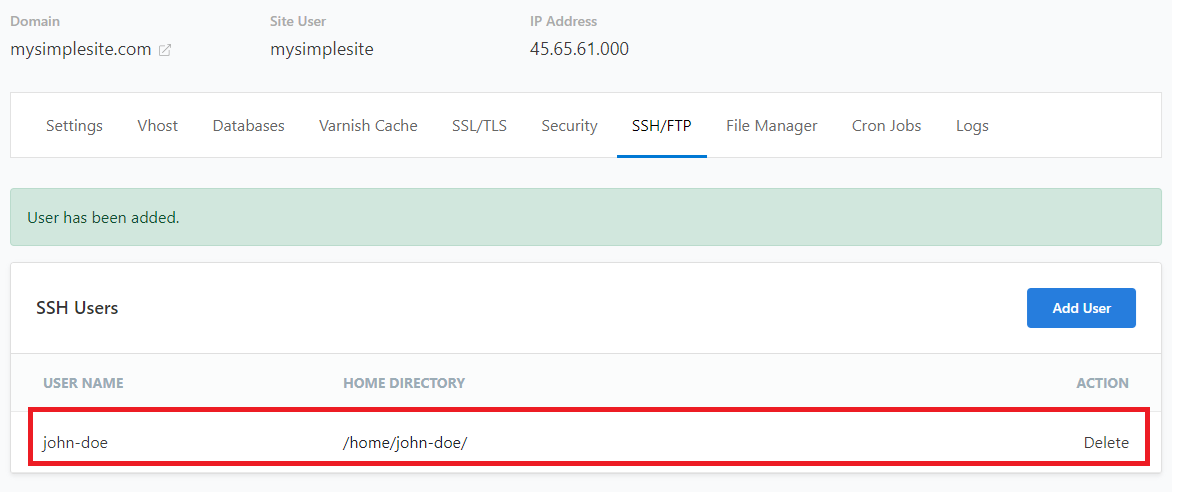 Configure SSH or SFTP users: Delete users