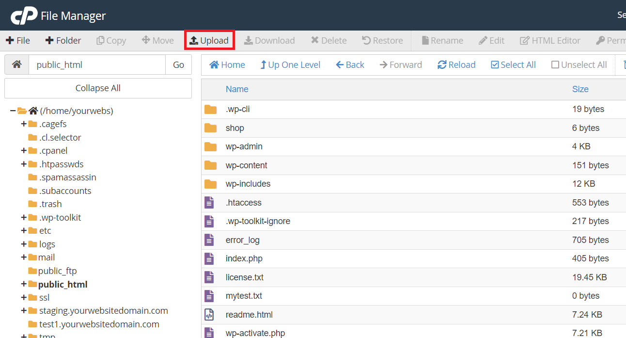 manage website files and folders: upload a file using cPanel File Manager